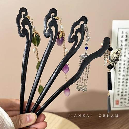 新中式流苏古风黑檀木发簪女简约现代高级感盘发发钗汉服旗袍配饰