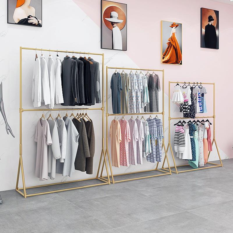 双层服装展示架男女装店落地衣架卧室阳台晾晒衣架可升降调节带轮