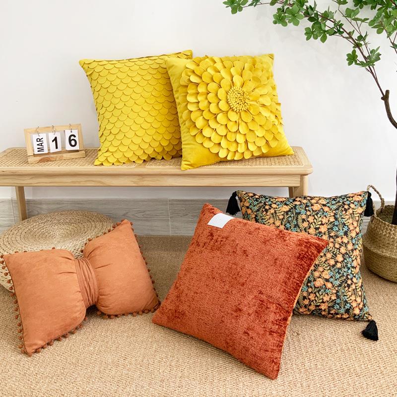 Ins麂皮绒蝴蝶结抱枕 3D荷兰绒手工花躲靠垫 棉麻吊穗装饰沙发垫