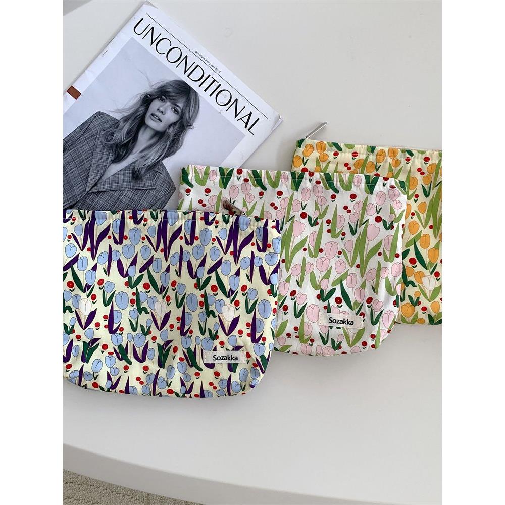 3432 ins小众帆布郁金香化妆包护肤品收纳袋便携旅行洗漱包内胆包