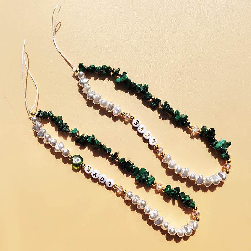 时尚天然孔雀石碎石手机挂绳异形元宝珍珠字母LOVE手机链挂饰