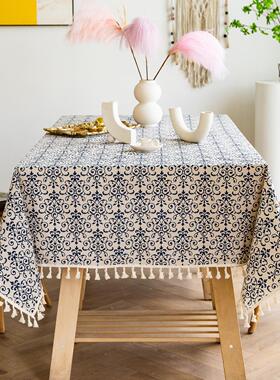 美式复古印花桌布蓝色青花瓷棉麻流台布新中式民宿餐厅装饰布定制