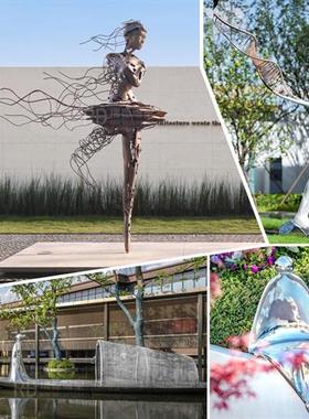 不锈钢镜面抽象艺术人物雕塑定制别墅庭院景观水景发光金属摆件