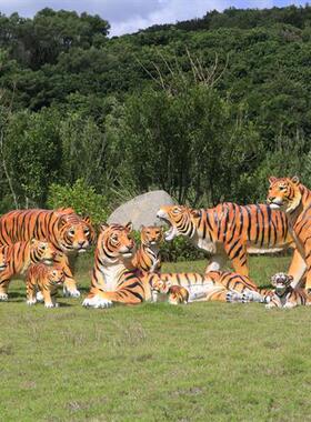 户外园林仿真老虎雕塑玻璃钢白虎摆件公园景区动物园模型景观装饰