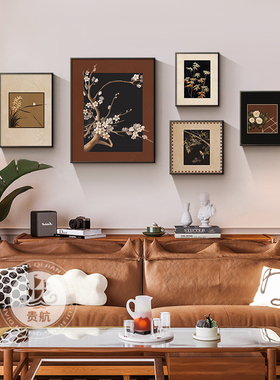 中古风梅兰竹菊客厅组合装饰画法式复古挂画美拉德沙发背景墙壁画