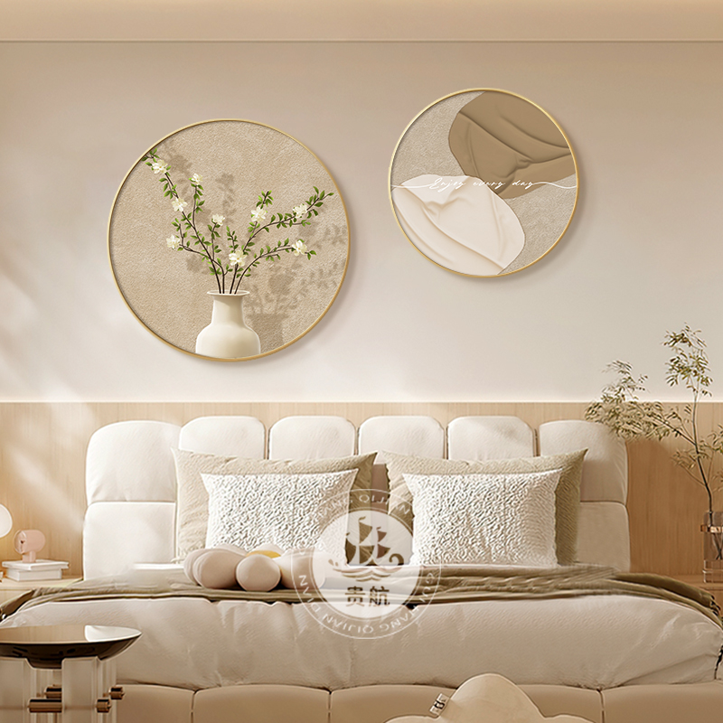 原木奶油风卧室装饰画绿植组合房间床头挂画北欧餐厅艺术圆形壁画图片