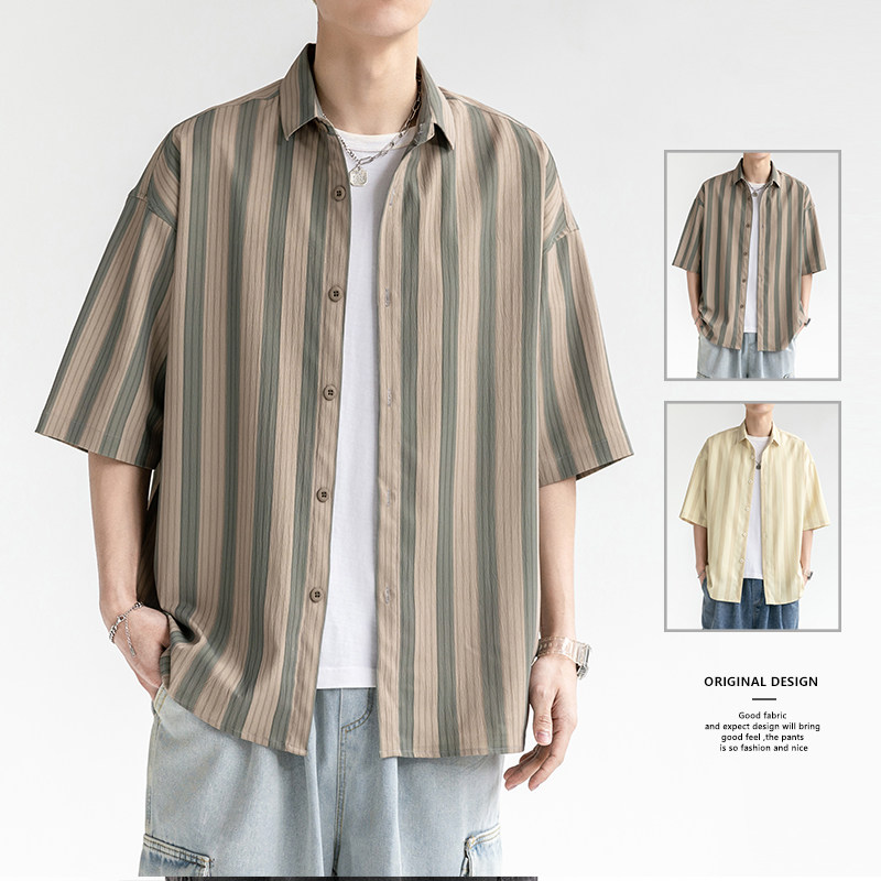 夏季男士中袖衬衫竖条纹立领七分袖衬衣日系百搭免烫宽松短袖寸衣