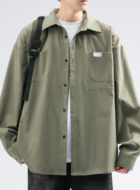 军绿色工装衬衫男士春秋款长袖美式潮牌青少年宽松加大码外穿衬衣
