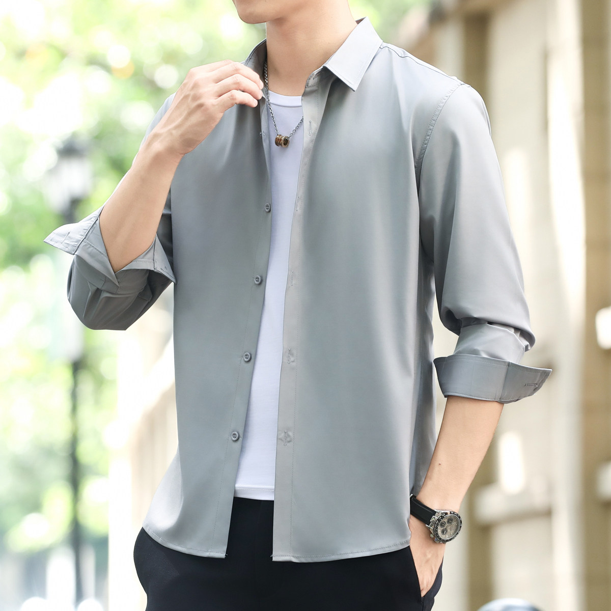 男士夏天穿的长袖衬衫冰丝薄款凉感户外穿防晒衣服外套纯色衬衣寸图片