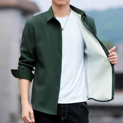 加绒加厚衬衣男早春季长袖高级感年轻商务纯色保暖内穿打底衬衫寸