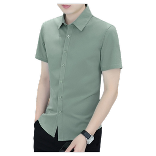 冰丝短袖衬衫男夏季免烫高级感痞帅寸衫绿色工装商务青年男款衬衣