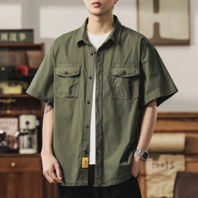 男士短袖衬衫夏装大码宽松休闲纯棉老粗布硬挺耐磨工装口袋款衬衣