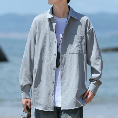 夏季男士冰丝超薄款长袖工装衬衫外套宽松遮阳防晒山系户外穿衬衣