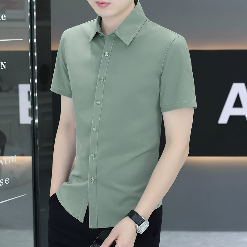 冰丝短袖衬衫男夏季免烫高级感痞帅寸衫绿色工装商务青年男款衬衣