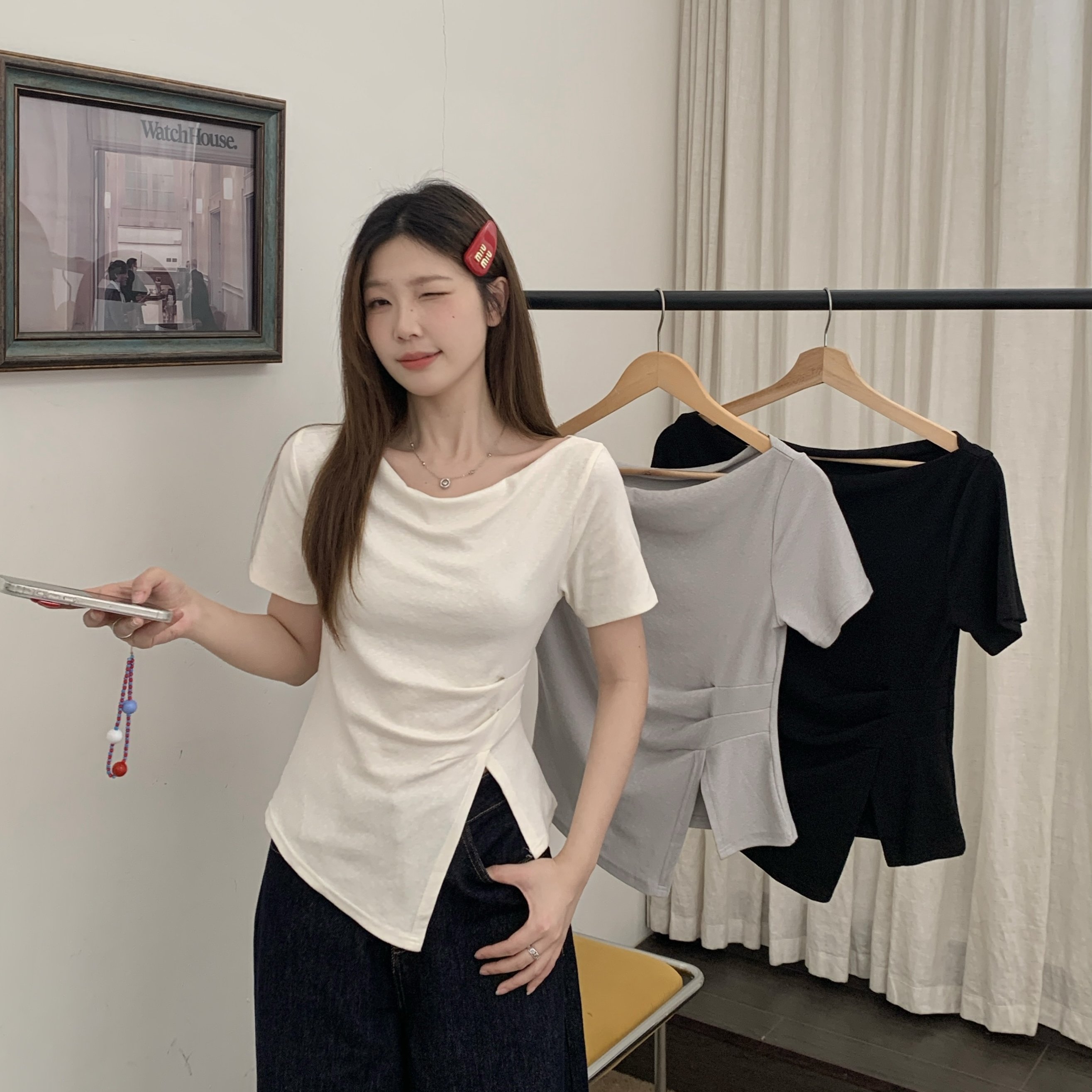 实拍 大码韩版温柔风绝美露肩荡领不规则上衣收腰遮肚显瘦T恤