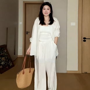 新款 阔腿裤 两件套夏季 微胖mm显瘦休闲套装 女装 大码 松弛感防晒衬衫