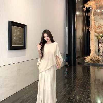实拍~天丝亚麻针织衫女夏季宽松慵懒风松弛感穿搭气质半身裙套装
