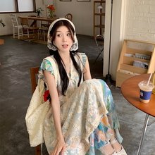 实拍 莫奈后花园~夏韩chic复古彩色油画连衣裙+蕾丝罩衫