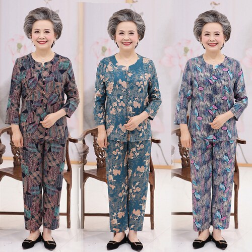 中老年睡衣女纯棉长袖家居服老人