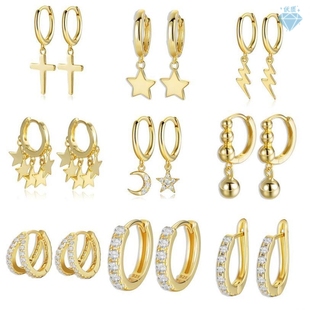 925 Sterling Silver Earrings Gold Color cross Moon Star CZ Z