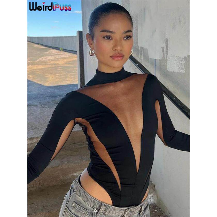Women Bodysuit Mesh Patchwork Streetwear Midnight Sexy Outfi