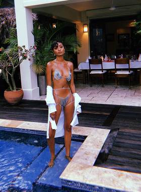 欧洲爆款配饰 女装夜店爆款超闪流苏吊带文胸比基尼身体链套装