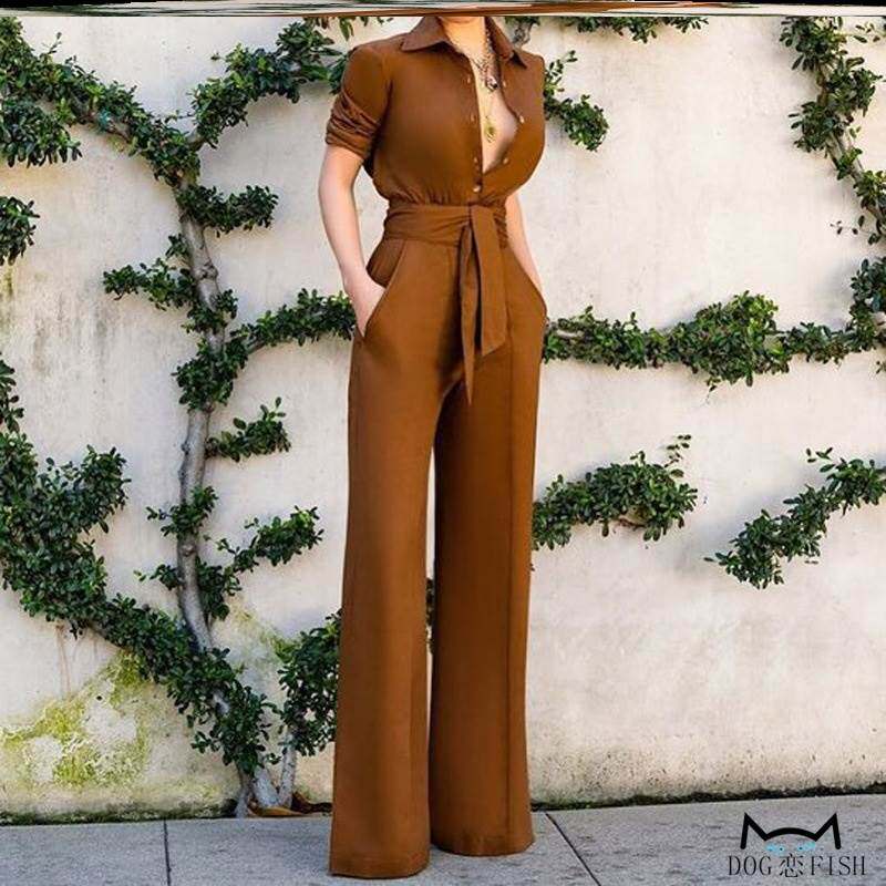 Jumpsuit pants trousers性感翻领长袖气质高腰连体裤长裤子女