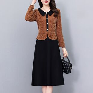 镂空蕾丝假两件套大码女装胖mm妈妈装修身中长款春秋季长袖连衣裙