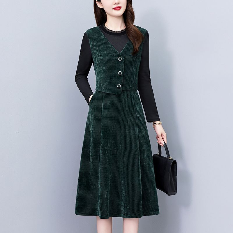 假两件套修身显瘦大码女装胖mm时尚洋气长袖连衣裙子秋冬季妈妈装