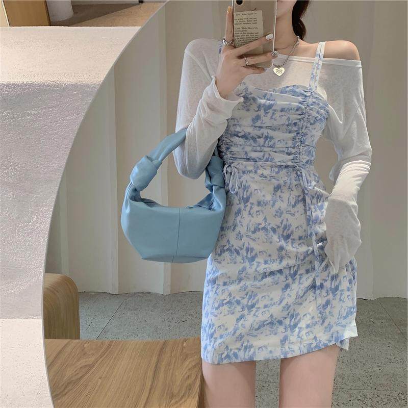 秋季新款港风chic复古扎染吊带连衣裙女内搭薄款防晒T恤上衣套装