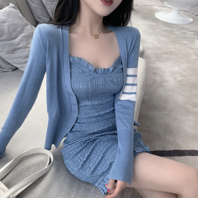 夏季新款法式褶皱吊带裙搭配披肩防晒衫港风chic小个子两件套装女