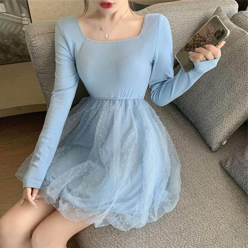 森丽顿网红新款波点网纱拼接方领收腰显瘦长袖蓬蓬连衣裙