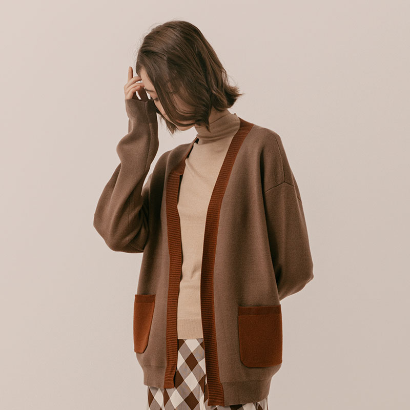 leyn秋冬撞色茧型显瘦羊毛开衫针织外套大地色驼色宽松软糯