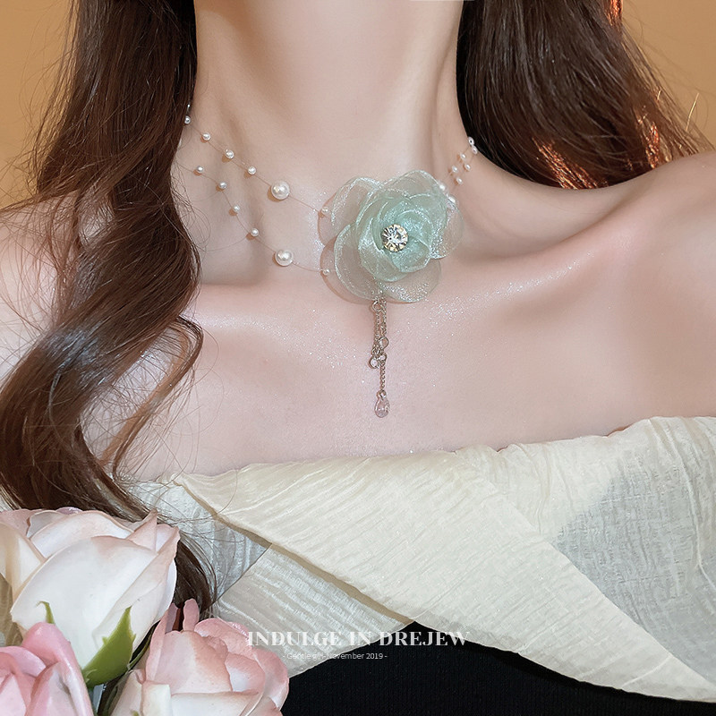 海边花朵绿色项链女脖子配饰珍珠choker颈链森系轻奢小众锁骨链