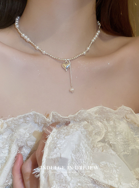 银色爱心珍珠项链女高级设计感