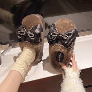 气质蝴蝶结毛绒绒拖鞋女秋冬季居家耐脏防滑软厚底加绒舒适棉拖鞋