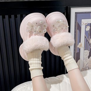 精致气质可爱蝴蝶加绒洞洞鞋 女秋冬外穿厚底增高小个子防滑棉拖鞋