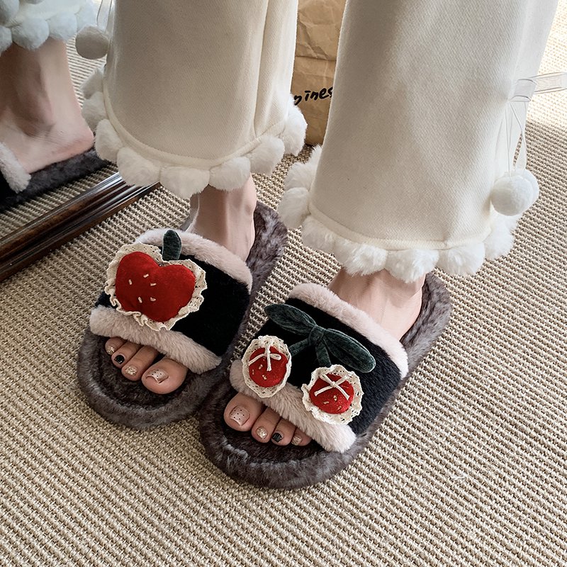 甜美可爱小樱桃毛绒绒拖鞋女秋冬季居家软底防滑舒适小清新毛毛拖