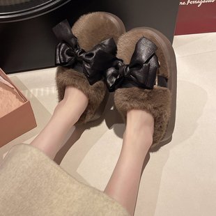 美拉德耐脏蝴蝶结毛绒绒拖鞋女秋冬季居家加绒保暖舒适软底棉拖鞋