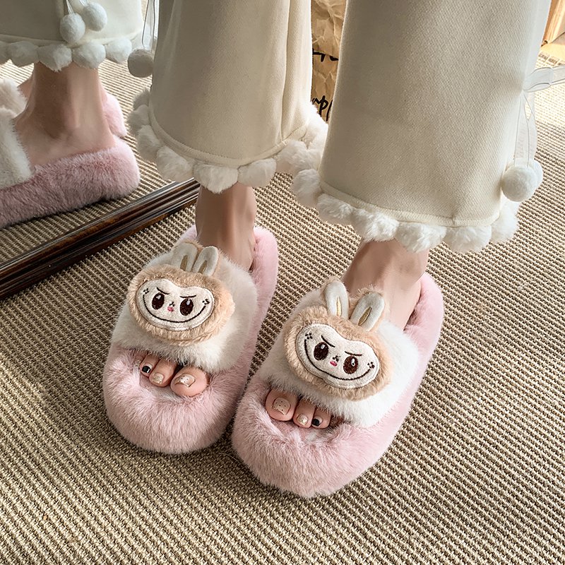 卡通可爱拉布布毛绒绒拖鞋女秋冬季外穿厚底防滑舒适少女心毛毛拖