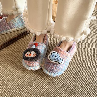 萌趣个性小企鹅加绒棉鞋女秋冬季居家软底防滑舒适卡通毛绒包跟鞋