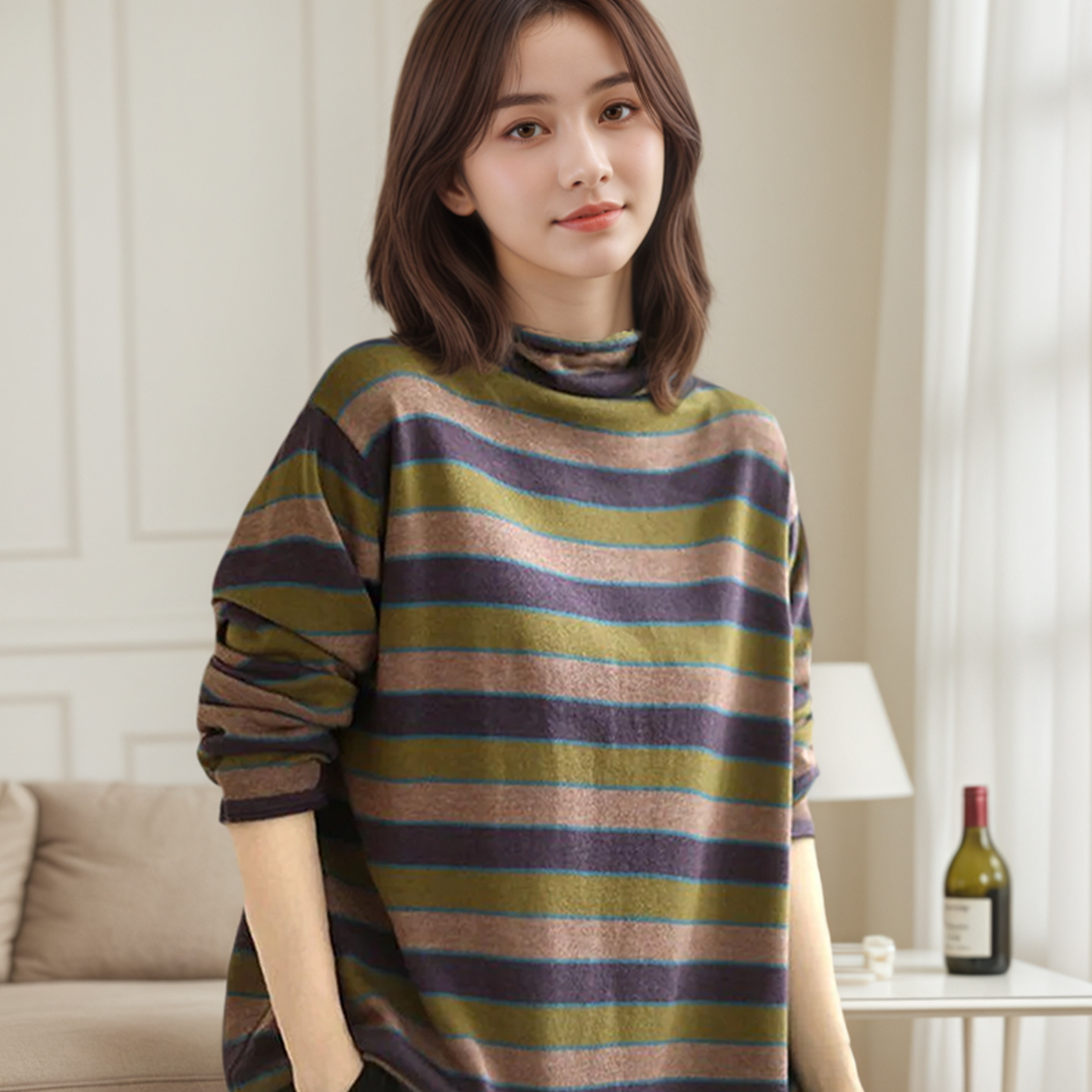 秋冬条纹堆堆领显瘦保暖打底衫女