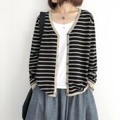 宽松外套V领横条纹外搭间色上衣女 春秋新款 专柜大码 针织开衫
