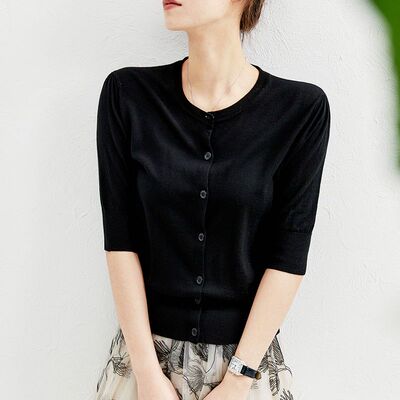 羡婉圆领短袖针织开衫薄款上衣