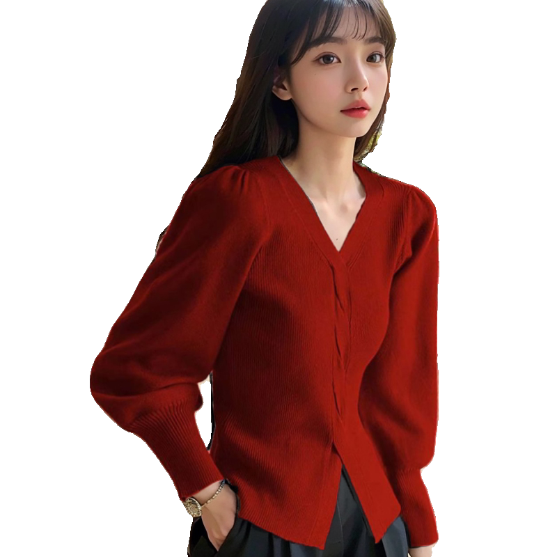 红色灯笼袖修身v领毛衣针织衫女