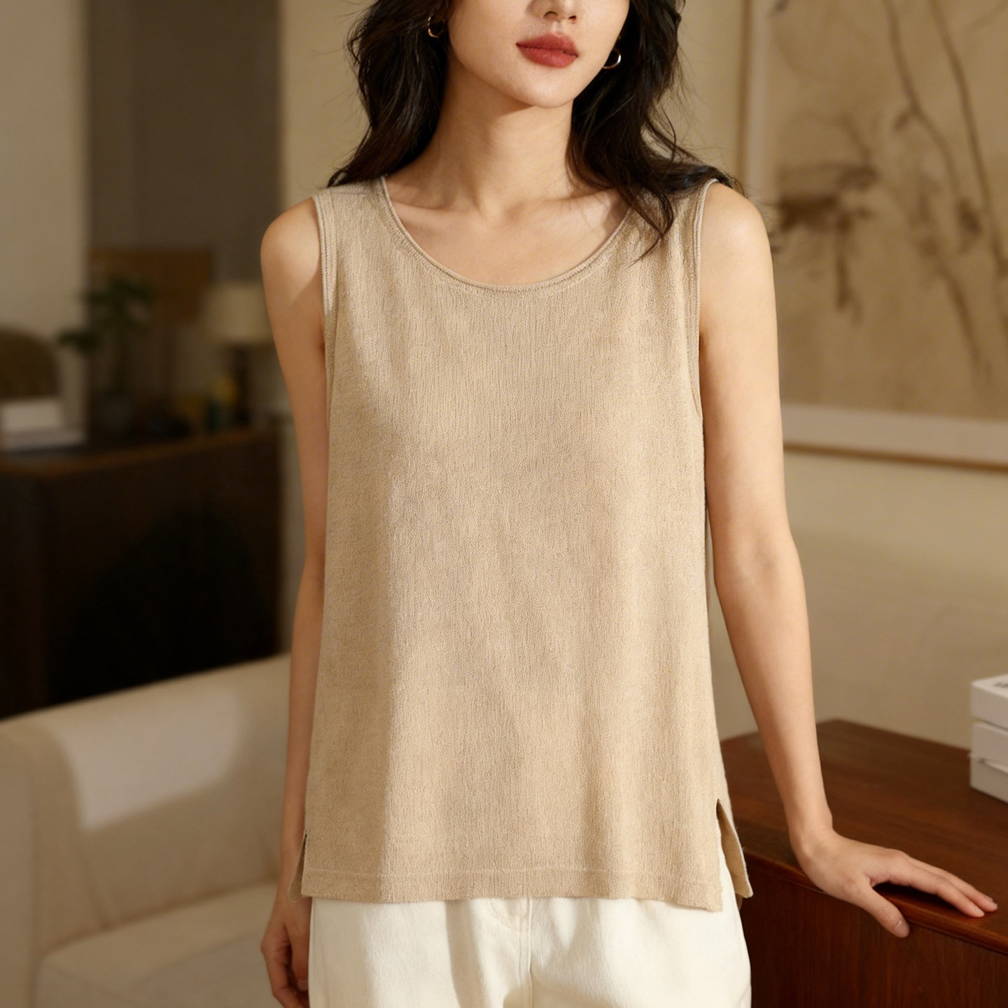 苎麻无袖背心女夏季外穿内搭宽松高级感打底小吊带针织衫薄款上衣