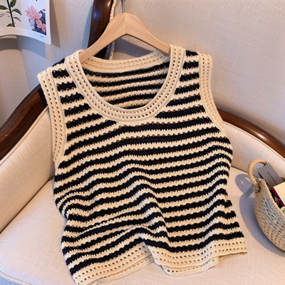 冰丝撞色镂空条纹针织无袖小背心
