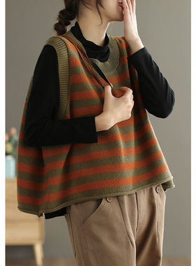 秋冬新款条纹圆领套头马甲大码宽松遮肉百搭外穿无袖针织背心女