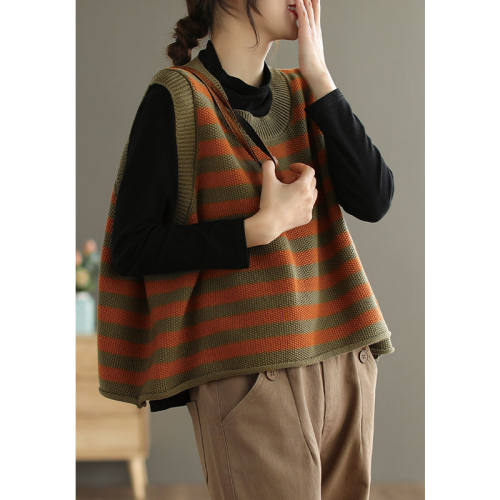 羡婉秋冬针织条纹圆领马甲背心