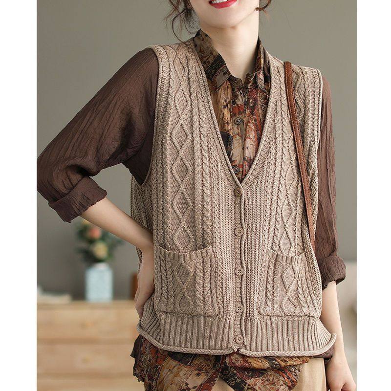 重工提花纯色棉线针织马甲春秋季新款复古V领开衫马夹上衣外套女,女装/女士精品,毛针织衫,淘宝优惠券,粉丝福利购,淘宝优惠卷